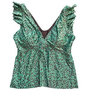Womens Swim Top Leopard Print Ruffle V Neck Tankini Teal Brown‎ 3XL